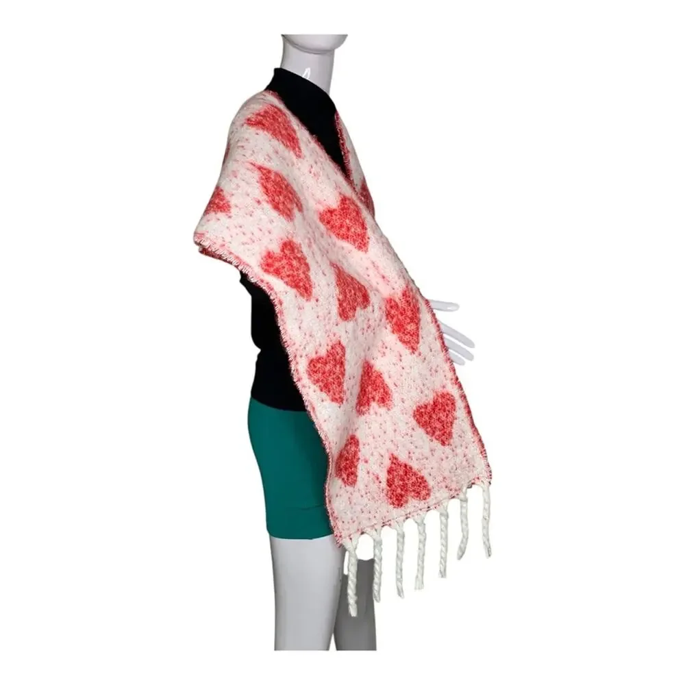 Victoria's Secret NWT Fringe Scarf Heart Print Red and White Logo Patch
